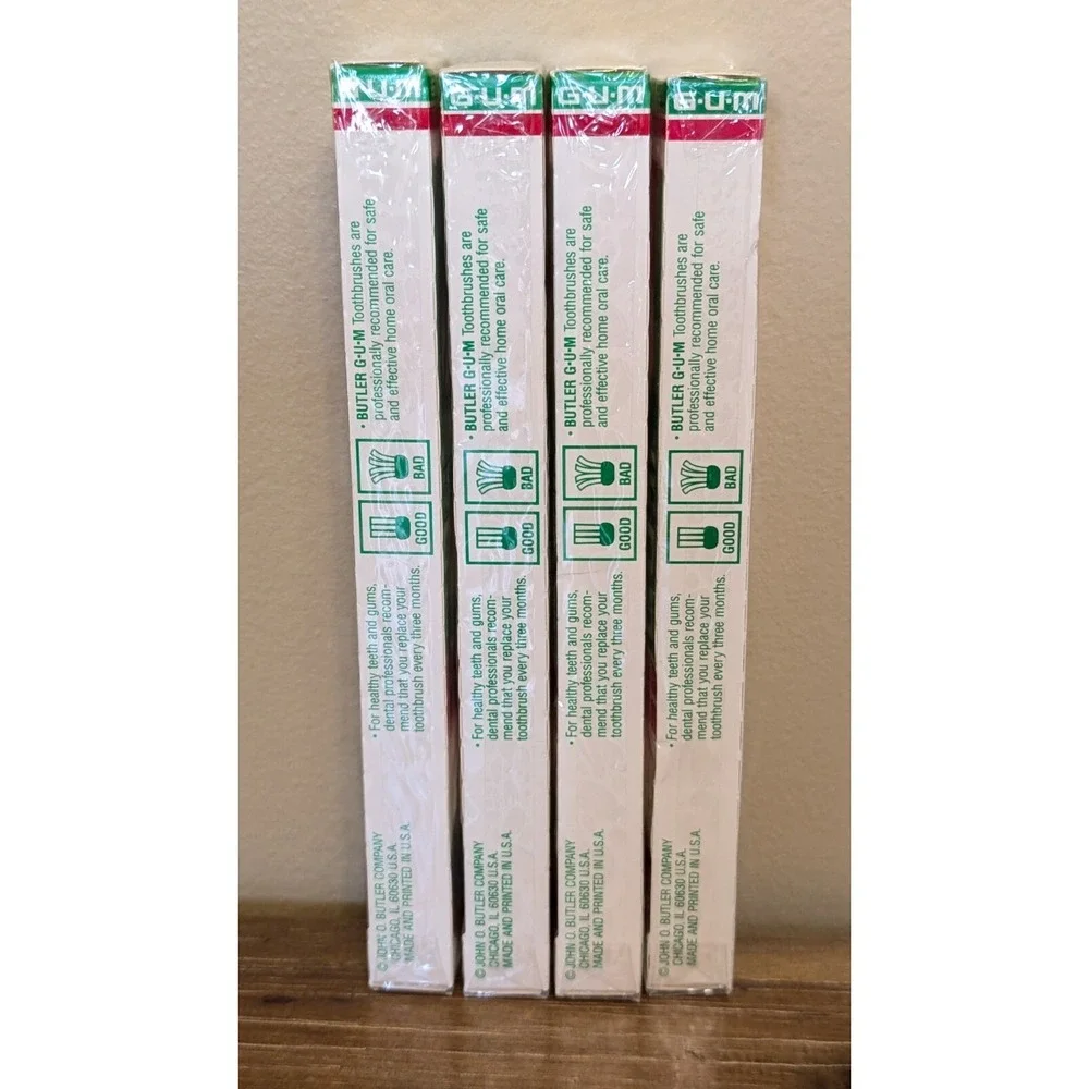 Vintage Butler GUM Toothbrushes 411 P Adult Size NOS Sealed (Lot Of 4) Red Blue